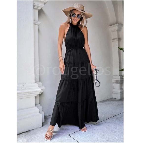 Black Maxi Dress Halter Neck Ties Backless Open Back Flared Long Ruffle Hem - Picture 5 of 8
